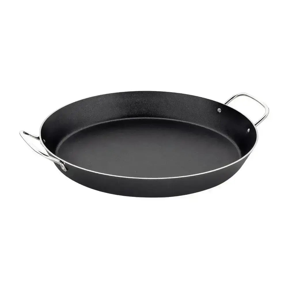 Black frying pan with handles on a white background