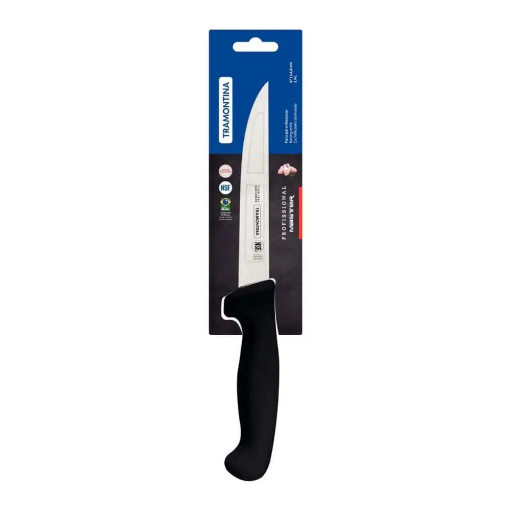 Serrated knife with black handle and Tramontina packaging on a white background