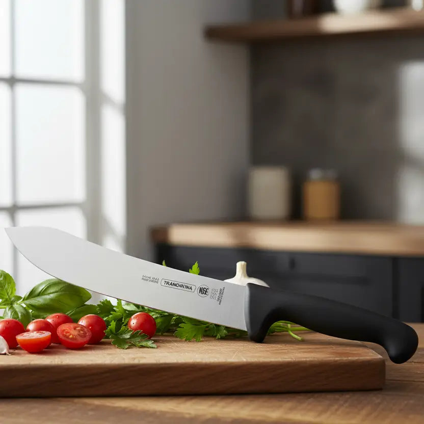 Knife on a wooden cutting board with vegetables in a kitchen setting