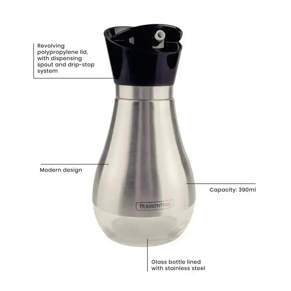 Stainless steel bottle with black lid on a white background, featuring text labels.