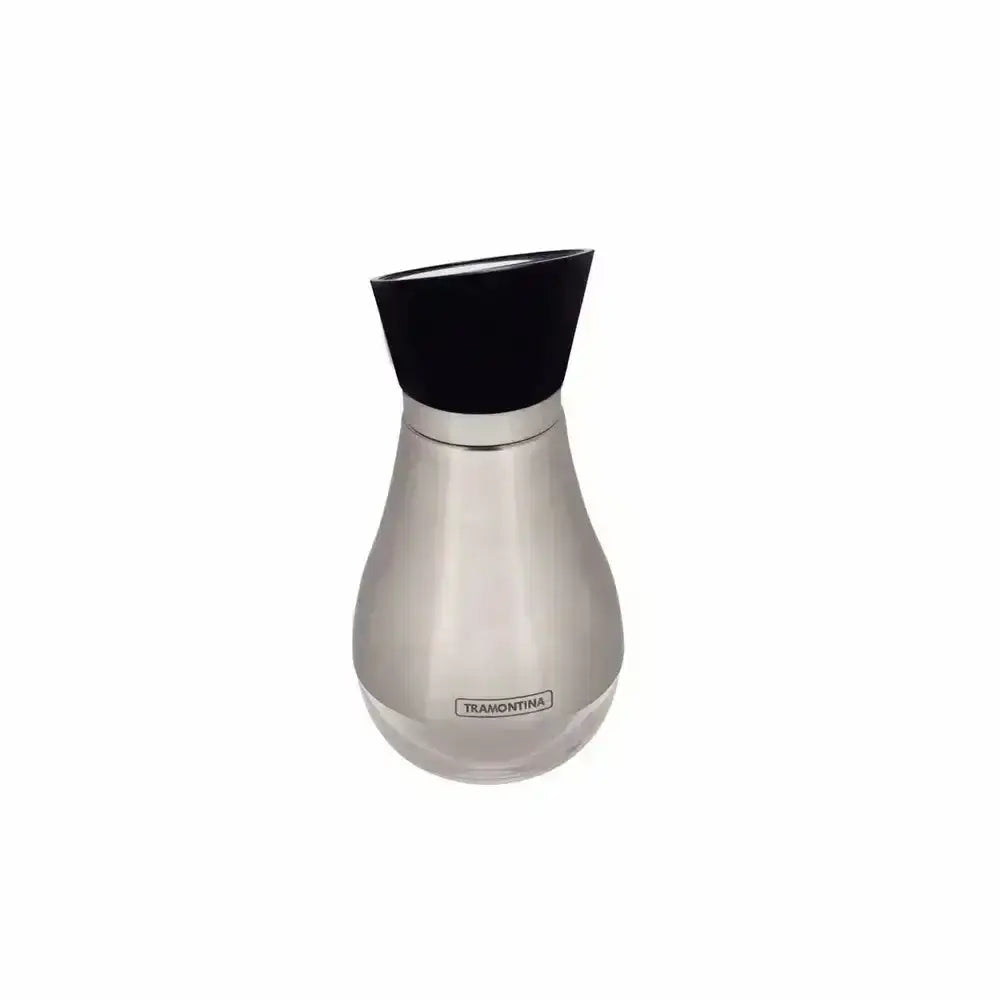 Stainless steel carafe with black lid on a white background