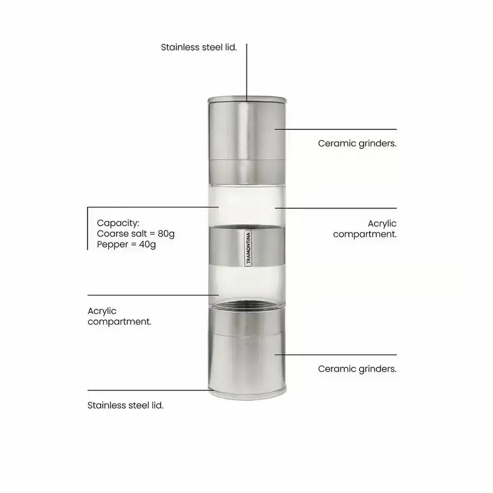 Stainless steel salt and pepper grinder with labeled parts on a white background