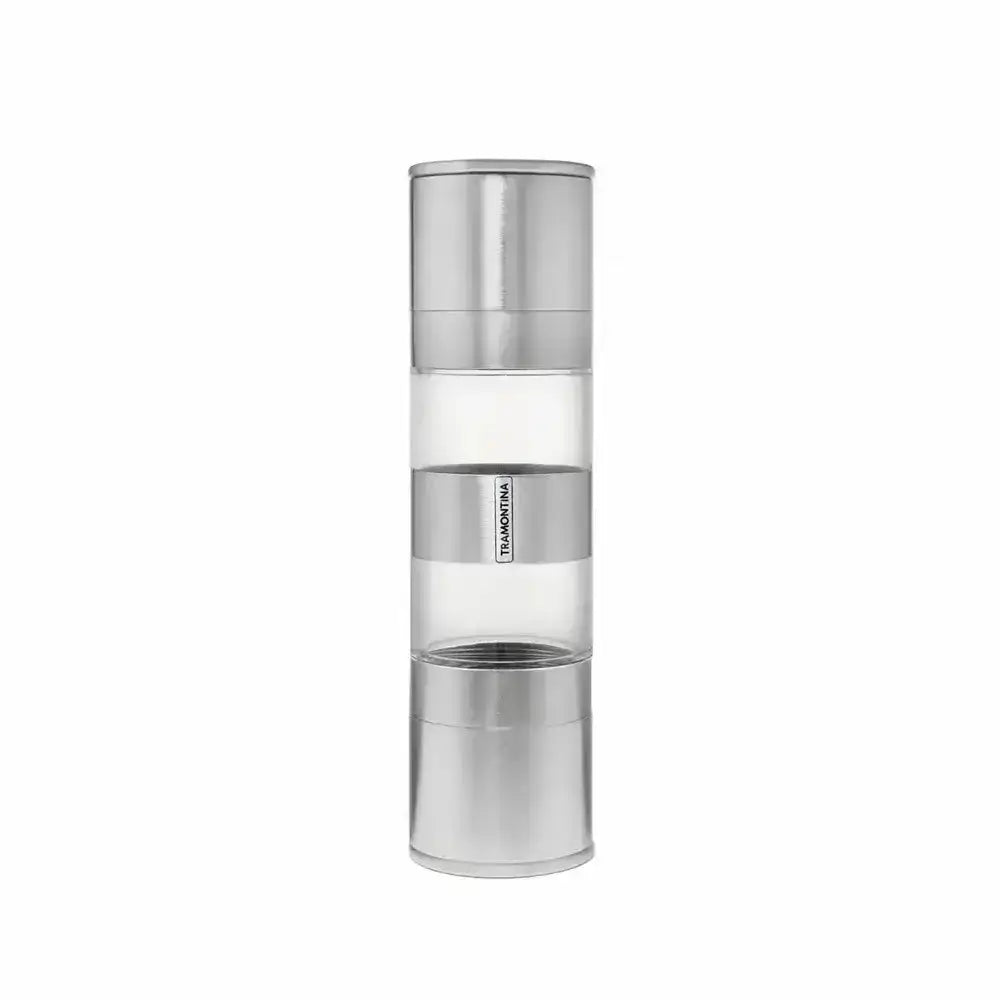 Silver and clear cylindrical container on a white background