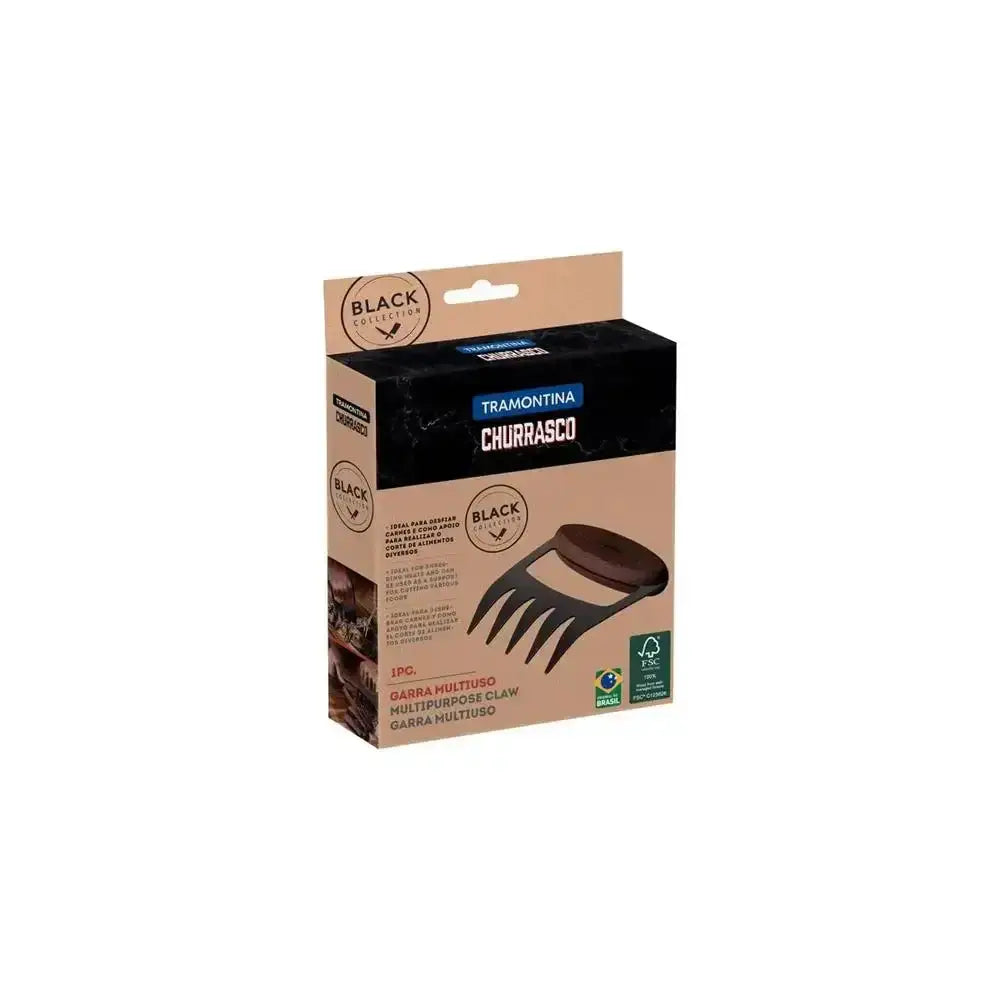 Stainless steel meat claw with black handle in retail packaging, for meat shredding and BBQ.