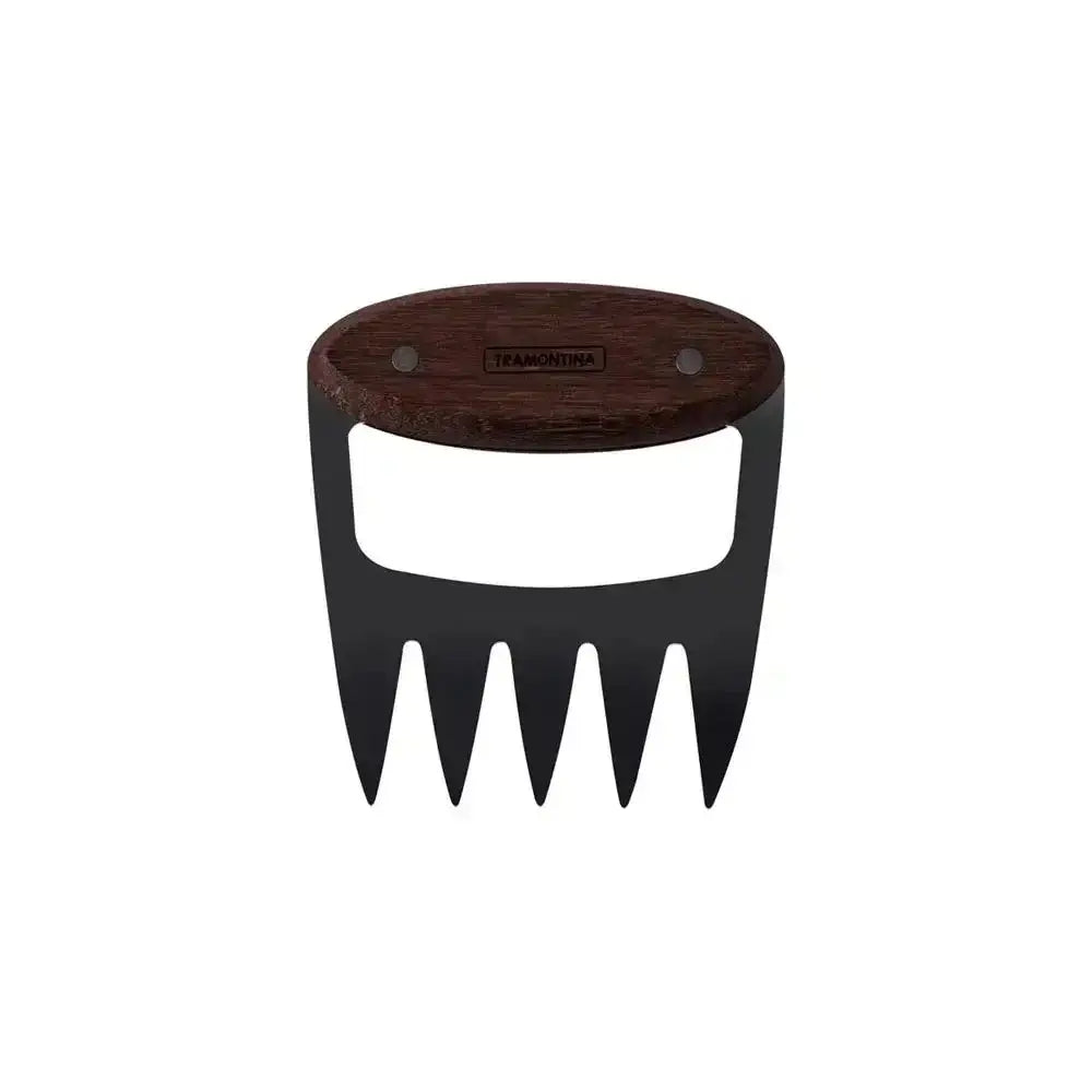 Black stainless steel meat claw with five prongs and a dark wood handle on white background