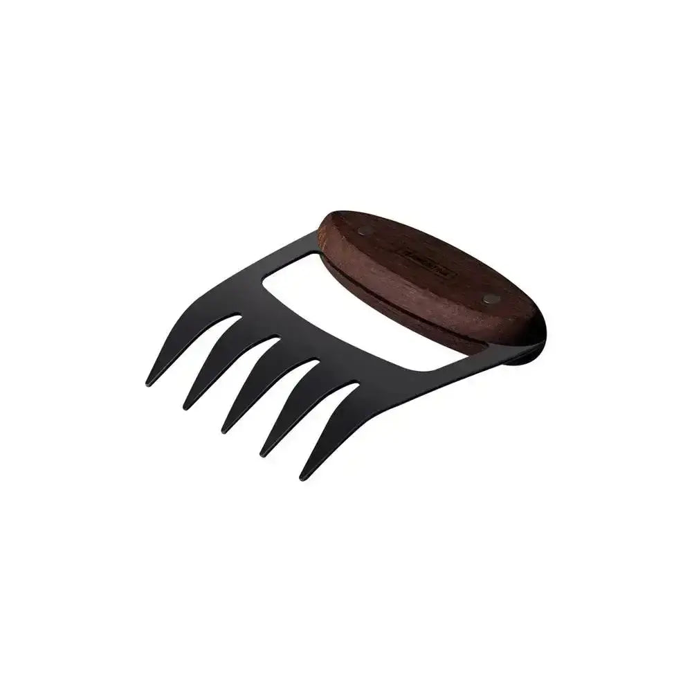 Stainless steel meat claw with black prongs and dark wood handle on white background