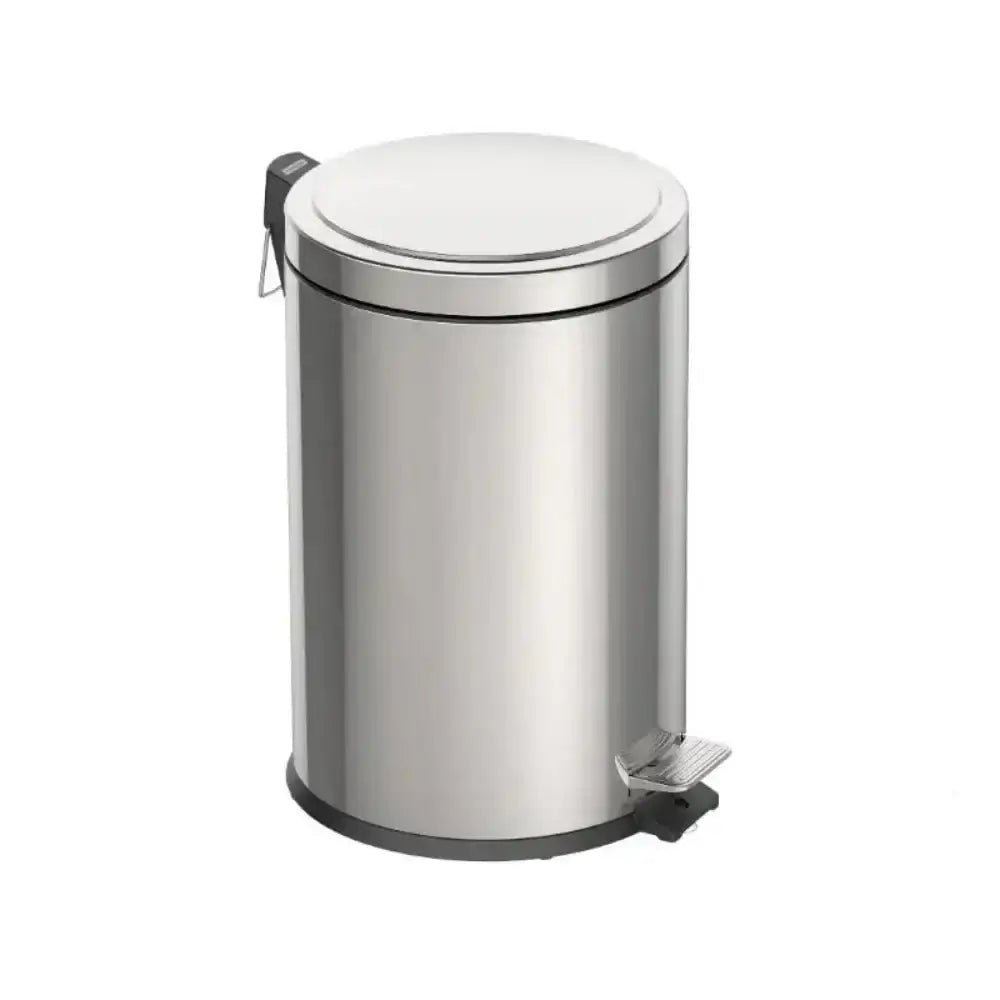 Stainless steel trash can with a white lid on a white background