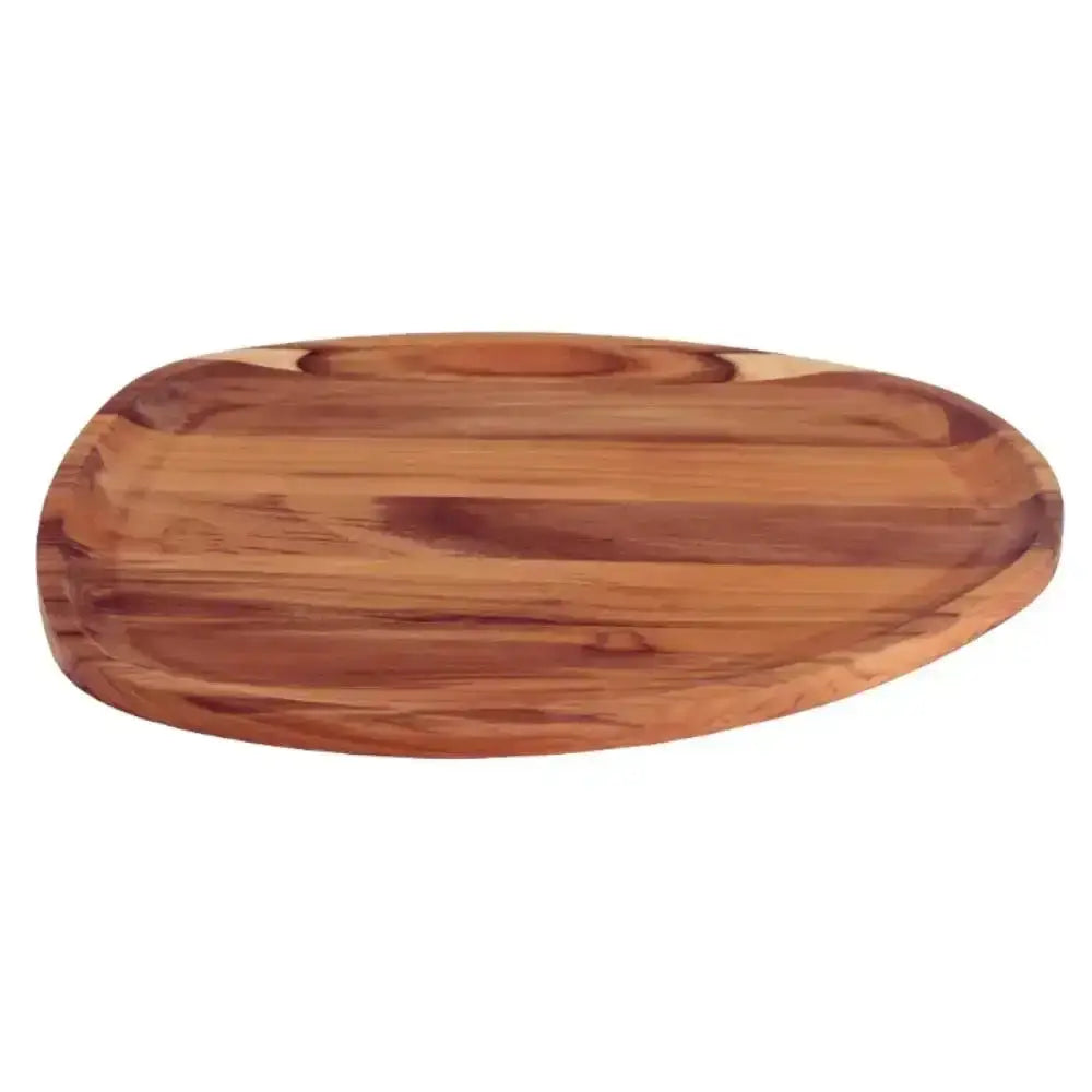 Oval teak wood serving board with natural grain, isolated on white background.