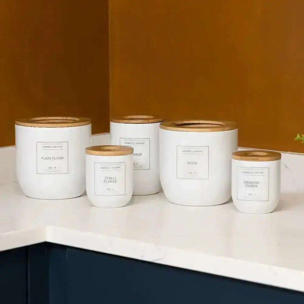 White ceramic storage jars with natural wood lids labeled for pantry items typhoon eden canister small 500ml