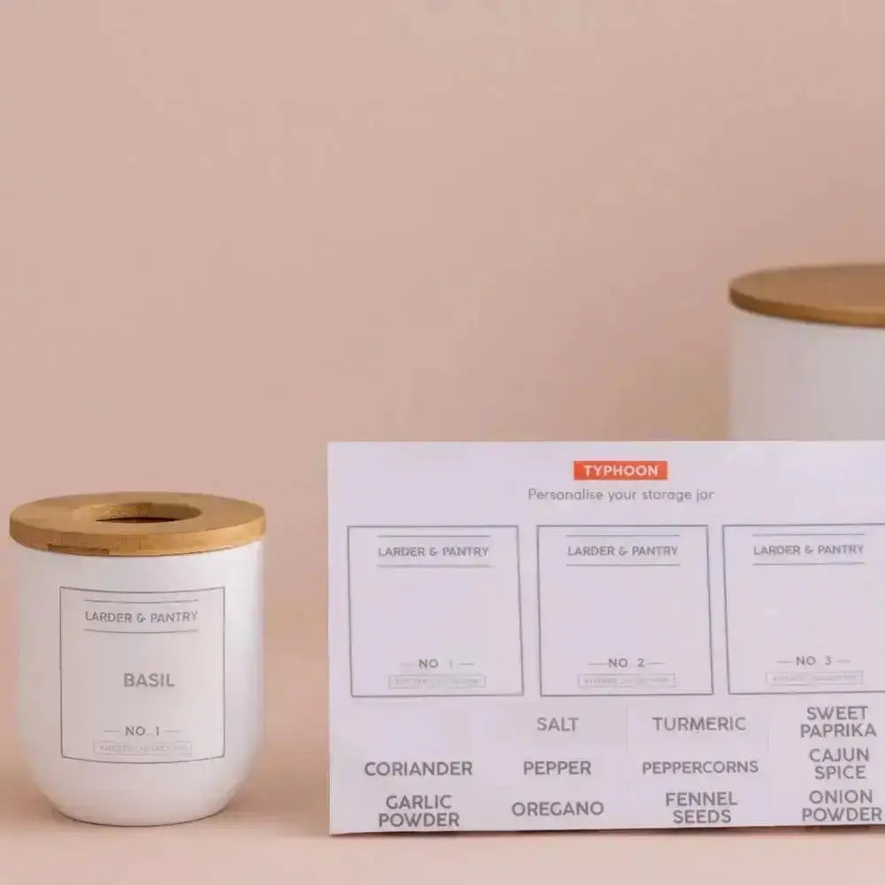 White ceramic typhoon eden canister small 500ml with bamboo lid and minimalist basil label for spice storage