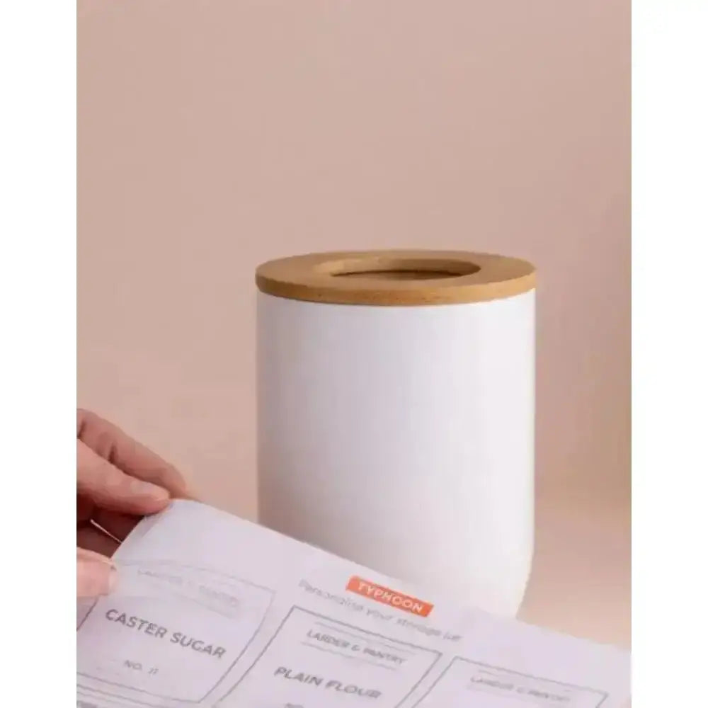 White cylindrical typhoon eden storage canister with natural wood lid and reusable labels 1l capacity