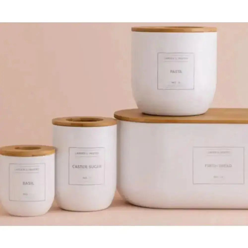 White ceramic typhoon eden storage canisters with bamboo lids and reusable minimalist labels 1l capacity