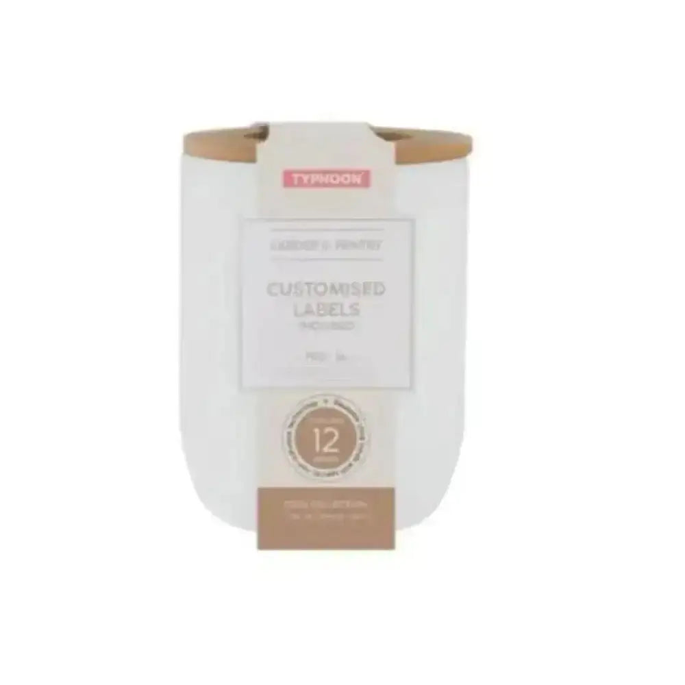 White cylindrical typhoon eden storage canister with bamboo lid and customized labels for 12 pieces 1l capacity