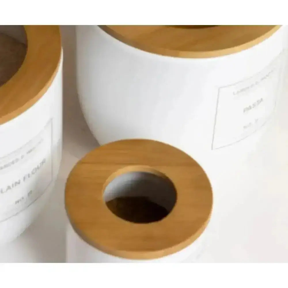 White ceramic typhoon eden storage canister with natural wood lid and reusable labels 1l capacity