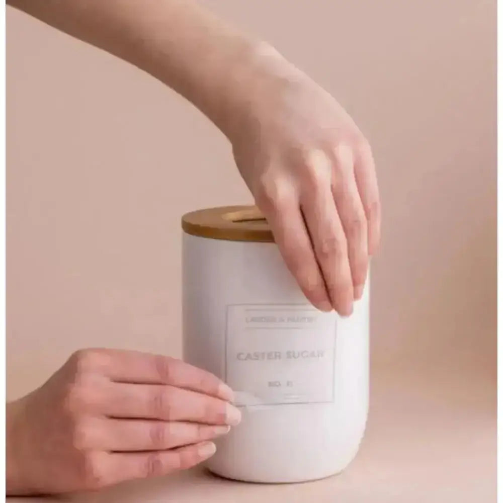White ceramic sugar jar typhoon eden storage canister with bamboo lid and minimalist reusable label 1L