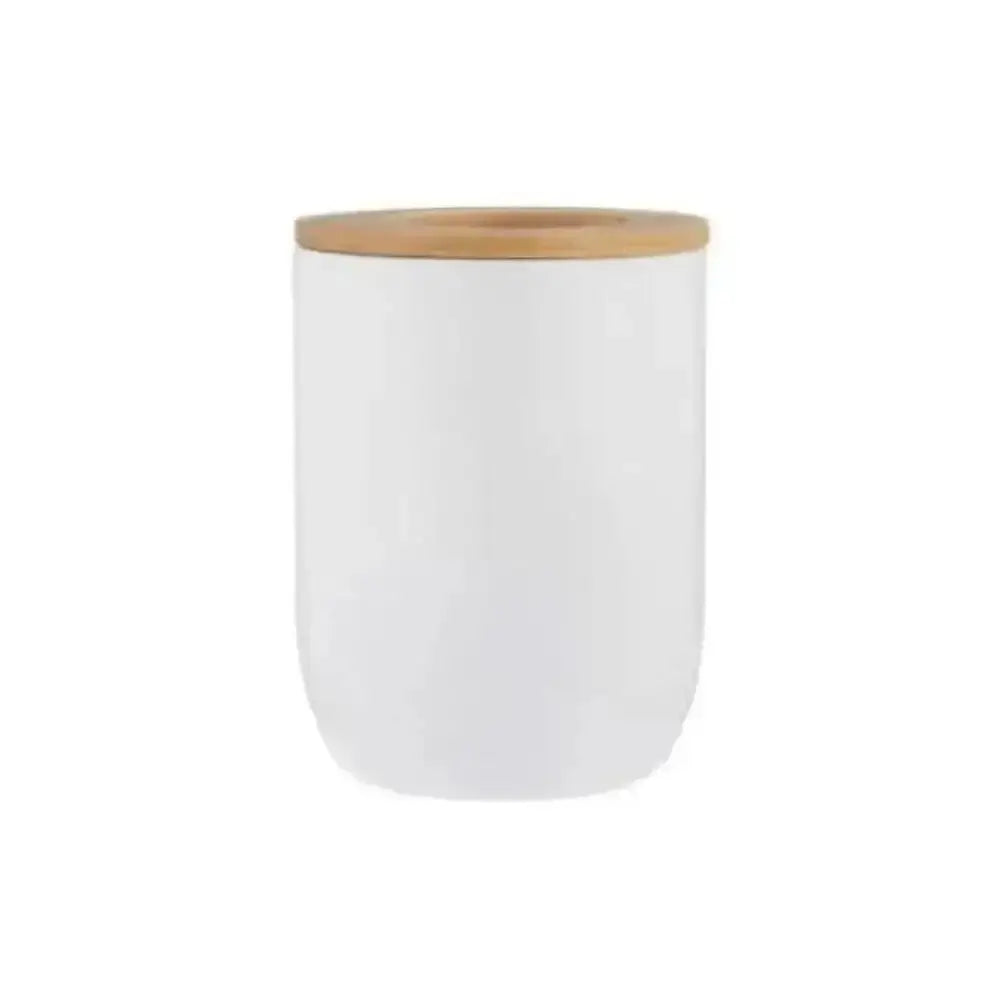 White ceramic typhoon eden storage canister with 1l capacity and light brown bamboo lid with reusable labels