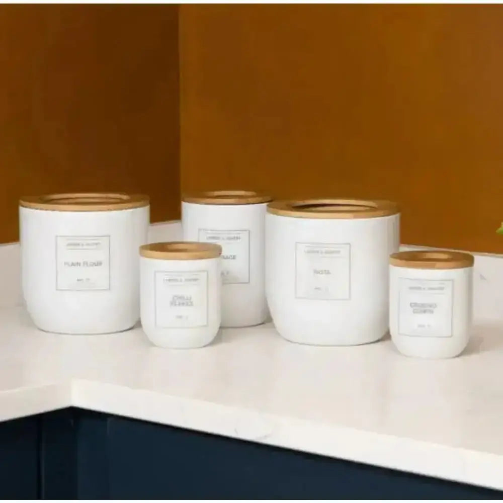 Set of white ceramic typhoon eden storage canisters with bamboo lids and minimalist reusable labels 1l capacity