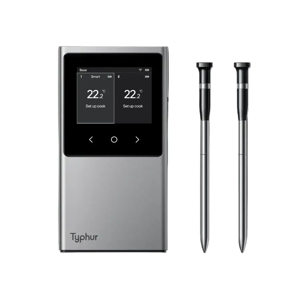 Typhur digital thermometer with two probes on a white background