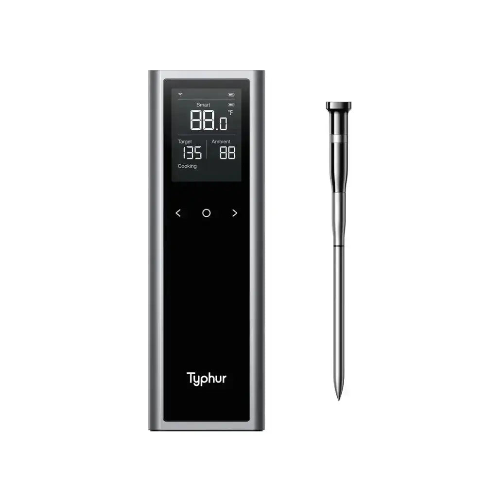 Digital thermometer with a probe on a white background, featuring the brand 'Typhur'.