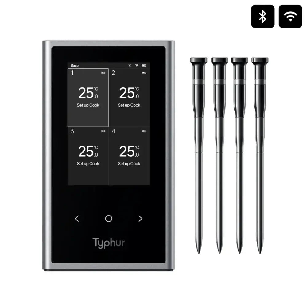 Typhur wireless thermometer with four probes on a white background.