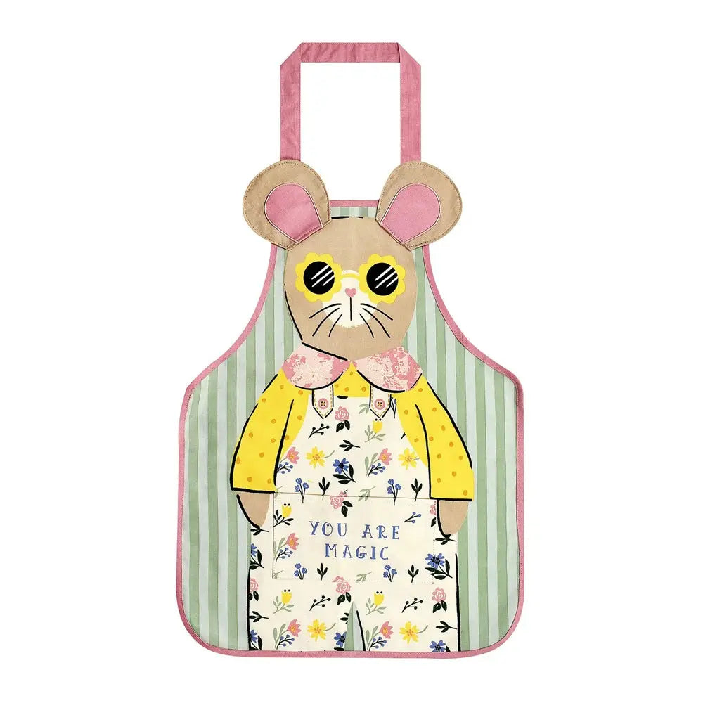 Children's apron with a cartoon mouse design and 'You are magic' text on a white background