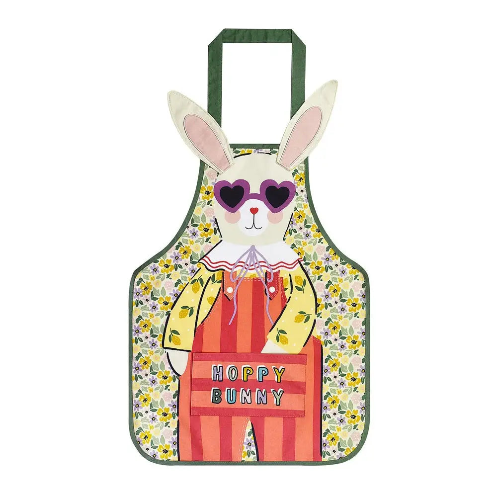 Colorful apron with a bunny design and 'Happy Bunny' text on a white background