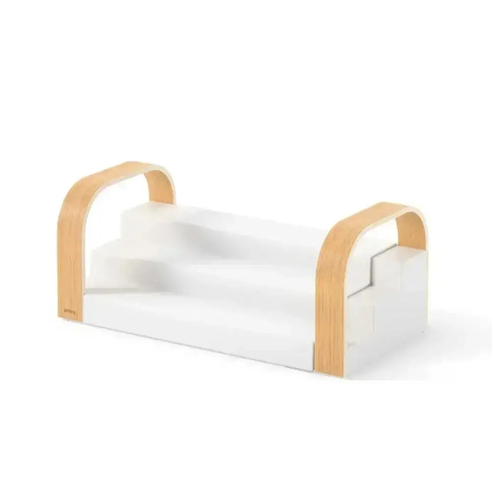 White spice rack with wooden handles on a white background