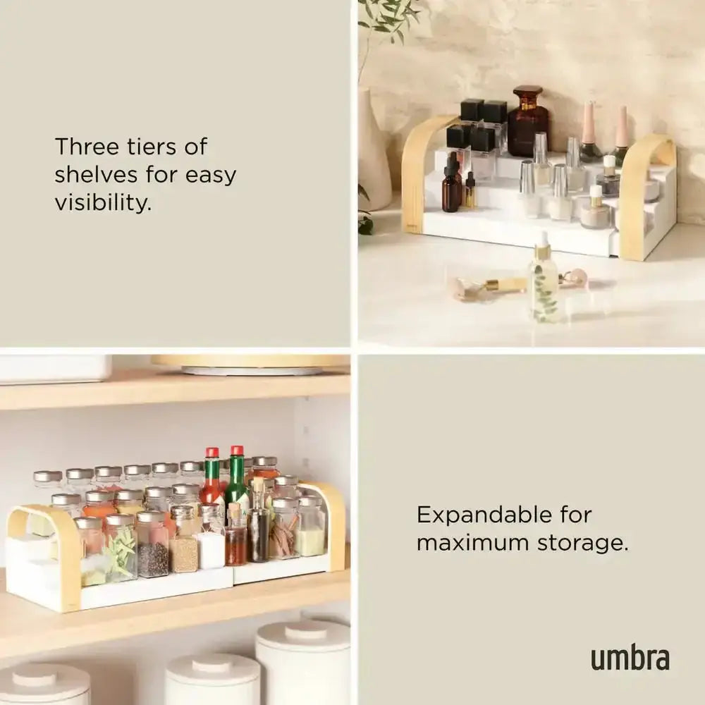 Umbra storage solution with shelves and expandable feature, featuring bottles and containers.
