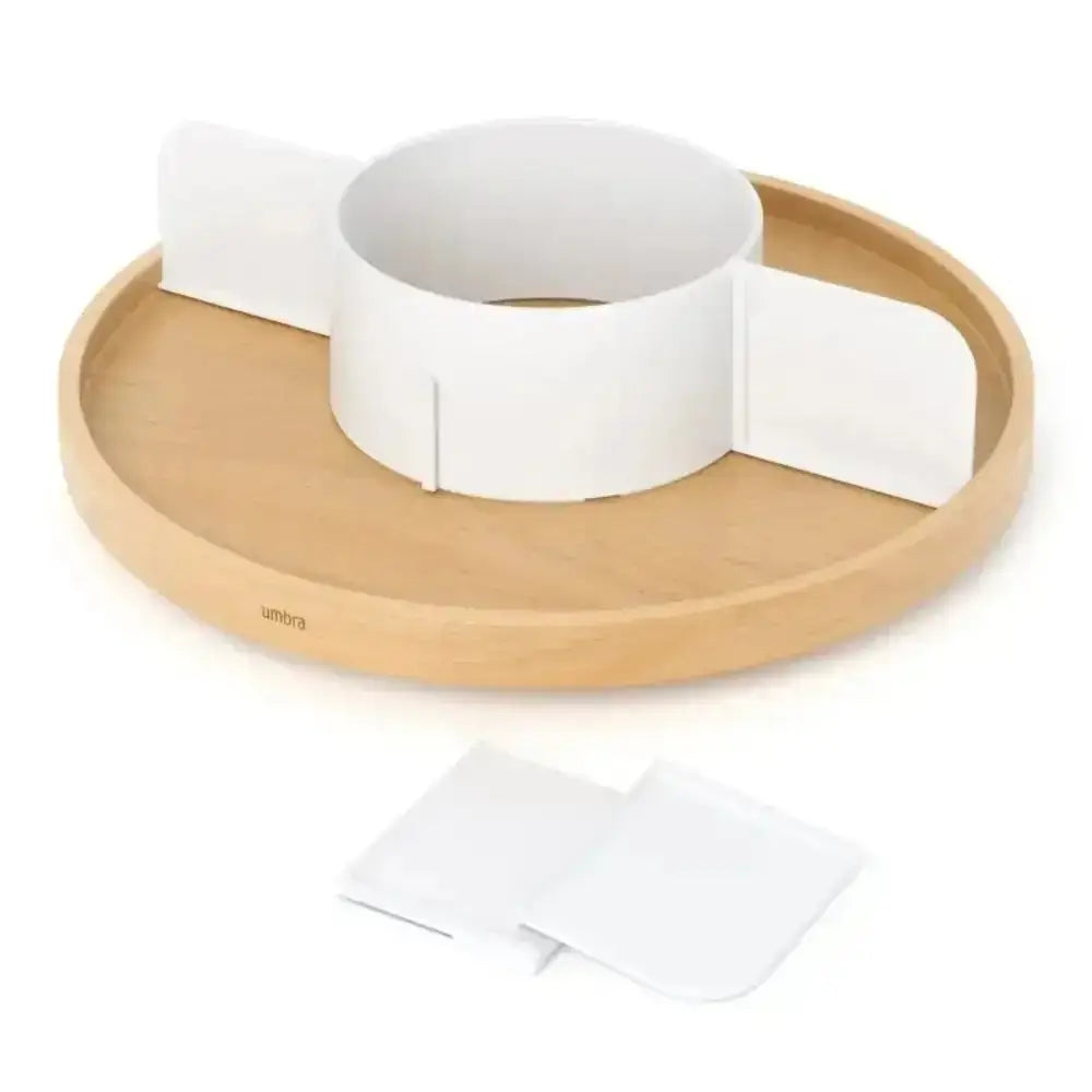 Wooden tray with a white circular holder on a white background