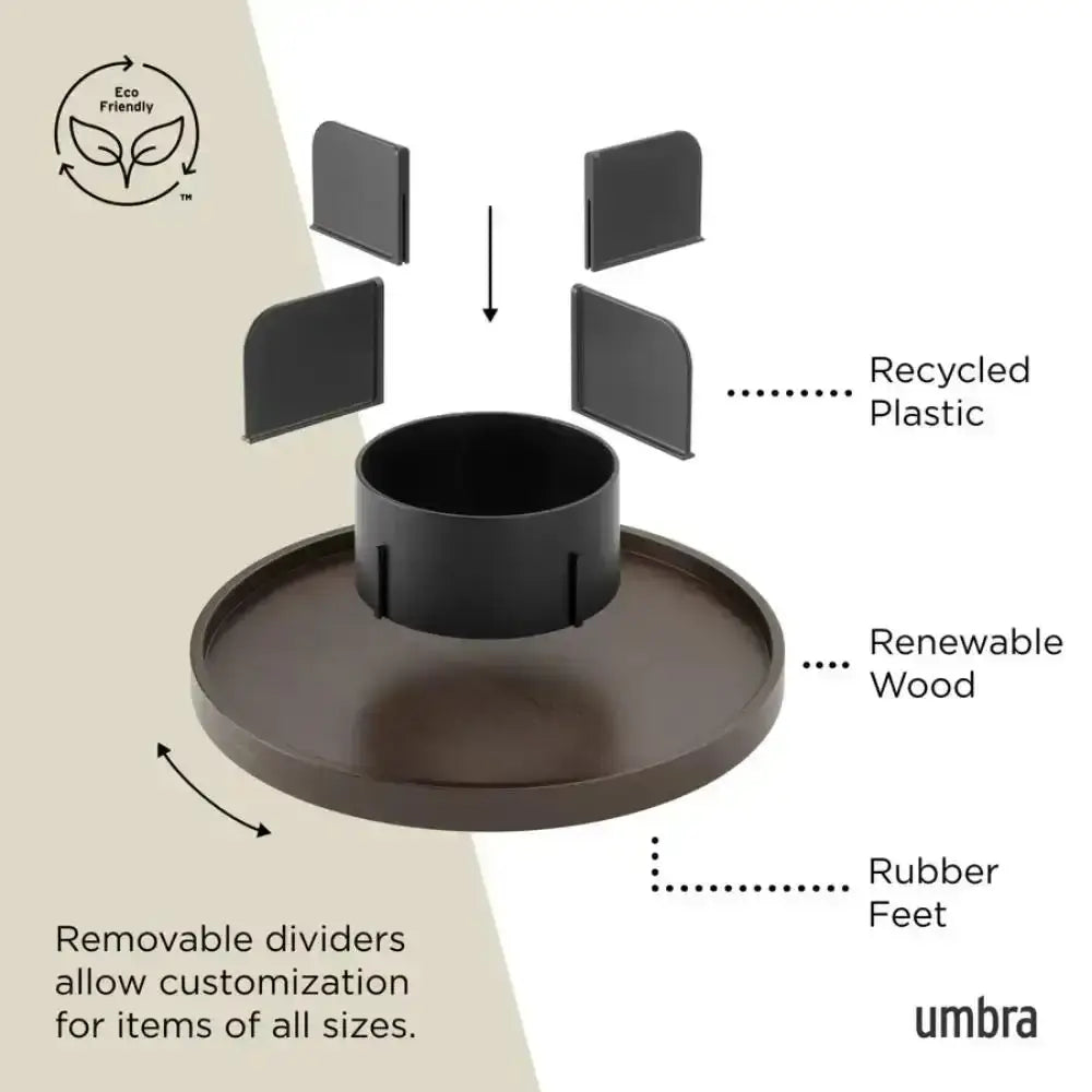 Product with removable dividers and eco-friendly label, featuring recycled plastic, renewable wood, and rubber feet.