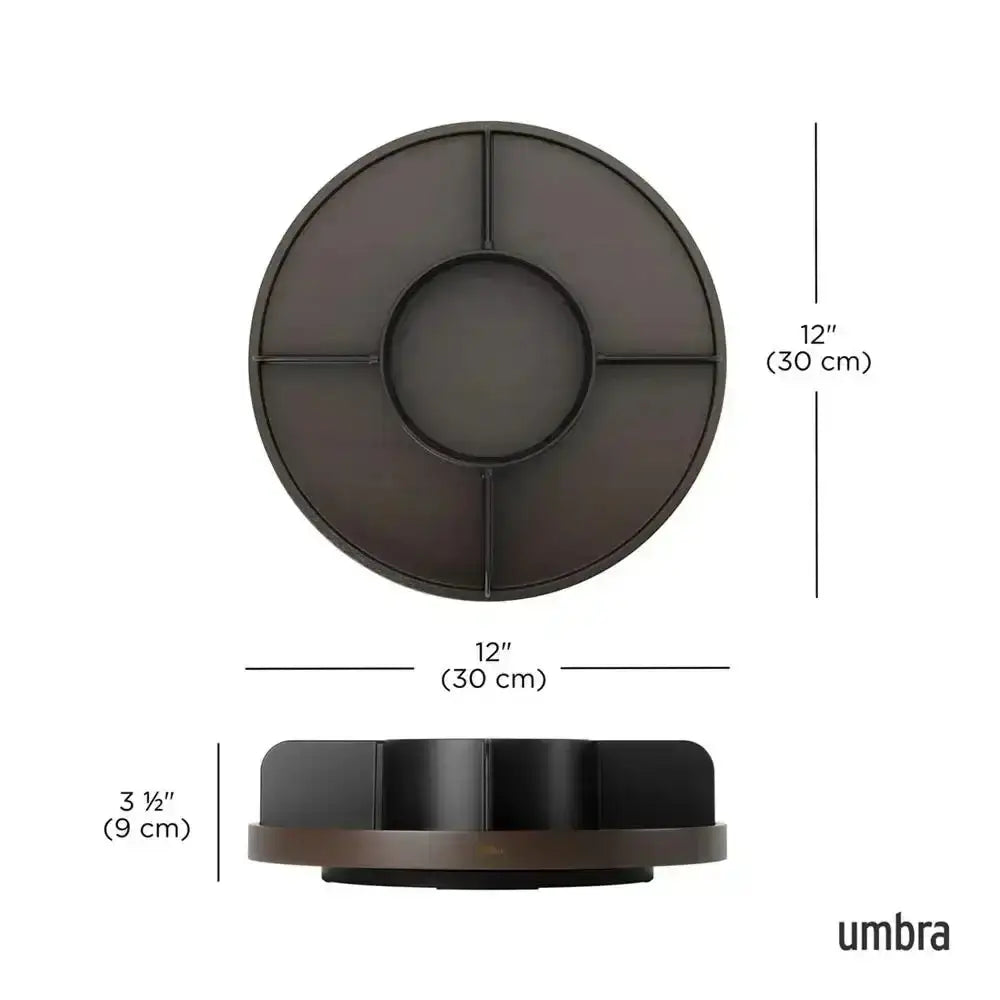 Round black tray with dimensions and umbra branding on a white background