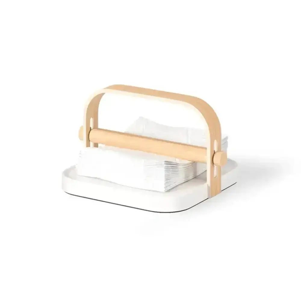 Clear napkin holder with a wooden handle on a white background