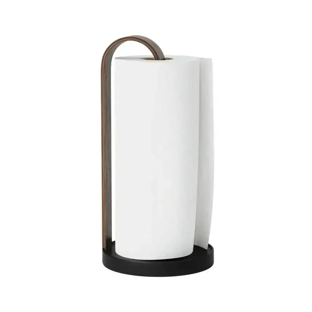 Paper towel holder with a roll of paper towels on a white background