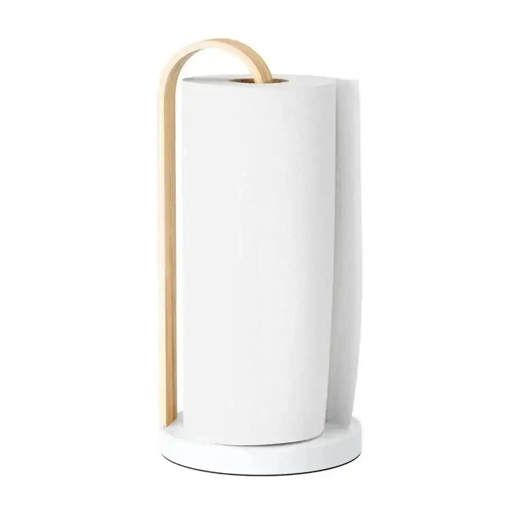 White paper towel holder with a wooden handle on a white background