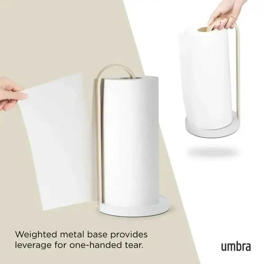 White paper towel holder with a person holding a roll of paper towels, featuring the Umbra brand.