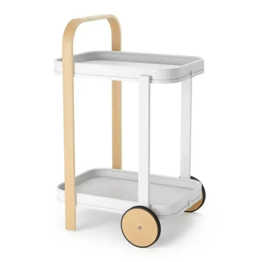 White serving cart with wooden handle and wheels on a white background