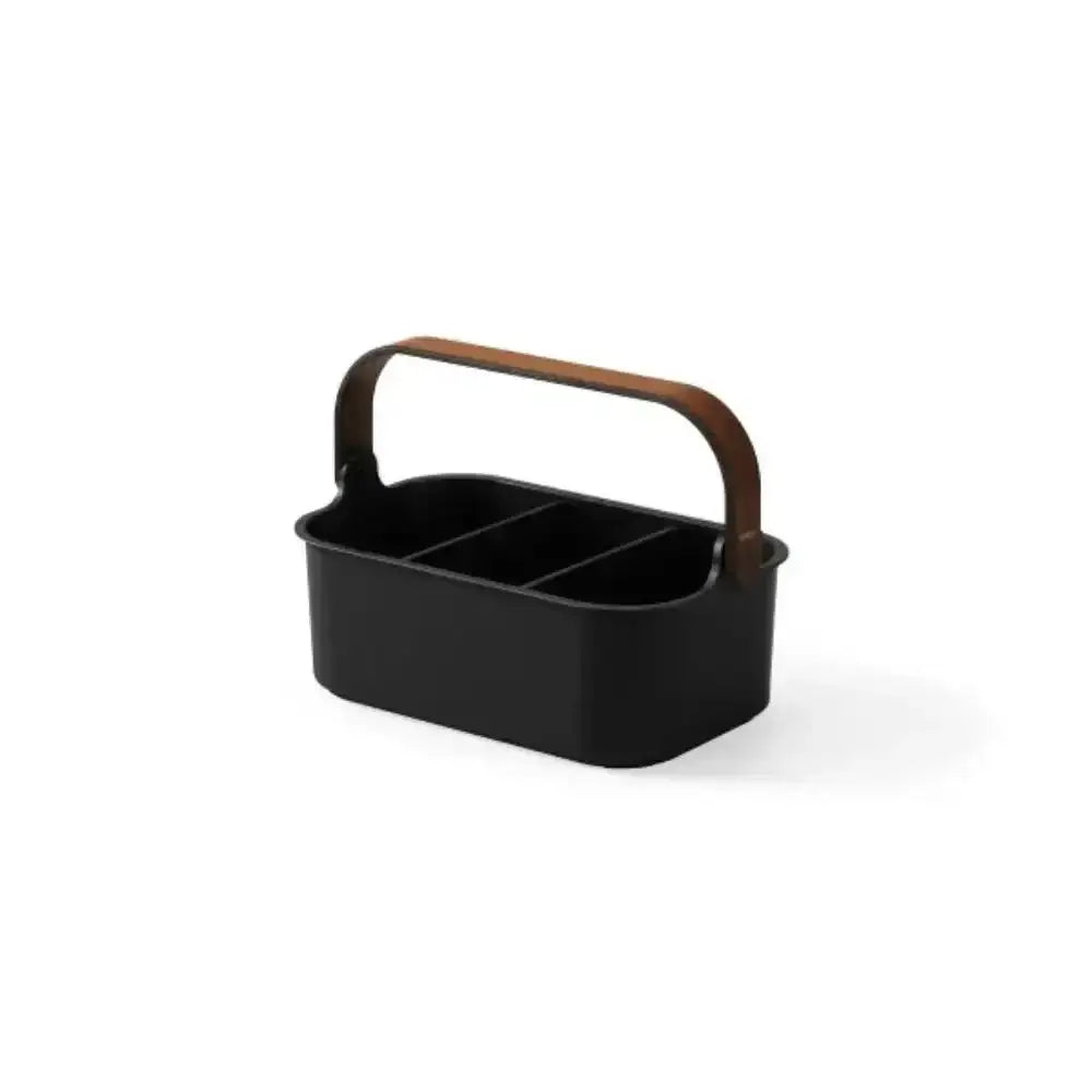 Black caddy with a wooden handle on a white background