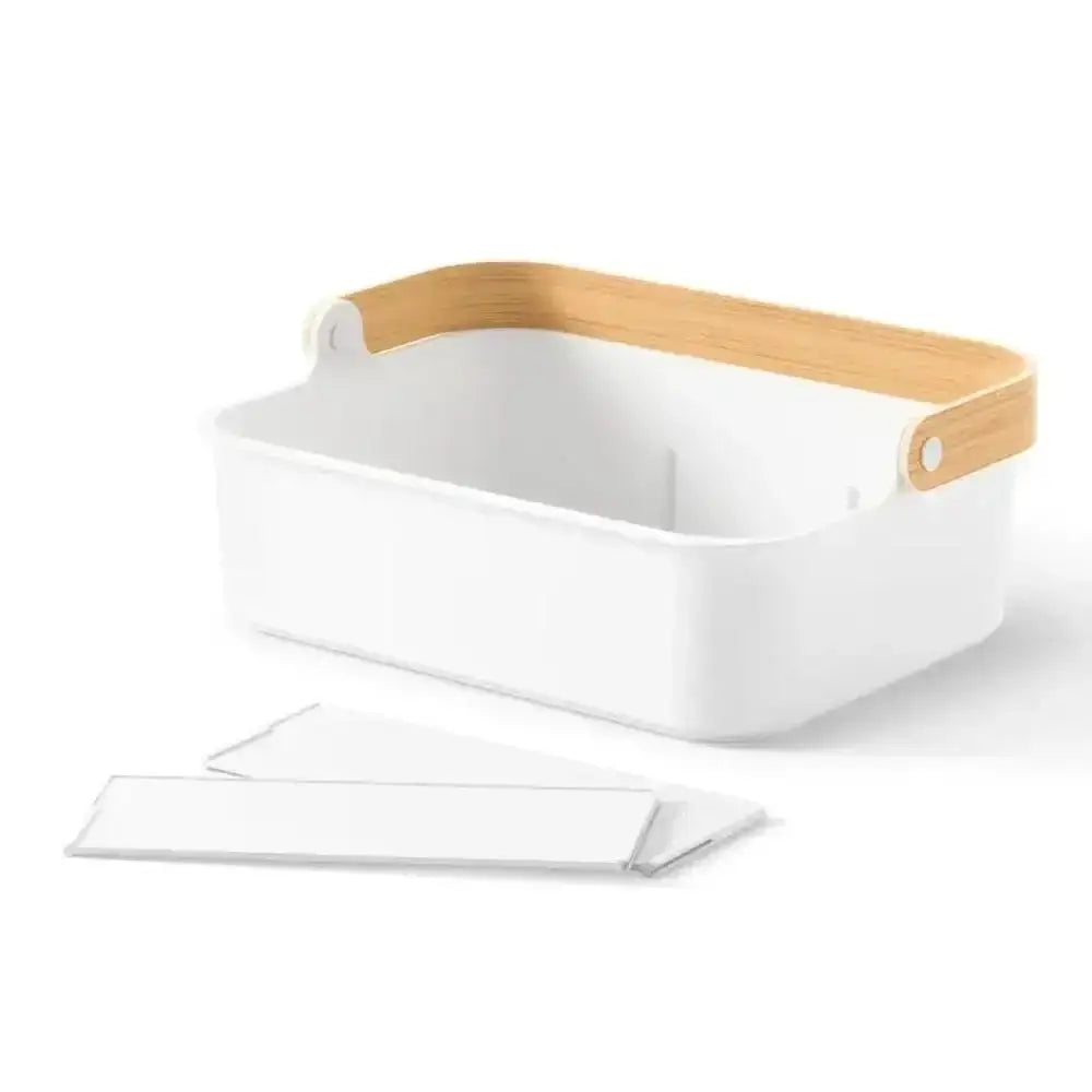 White caddy with a wooden handle on a white background