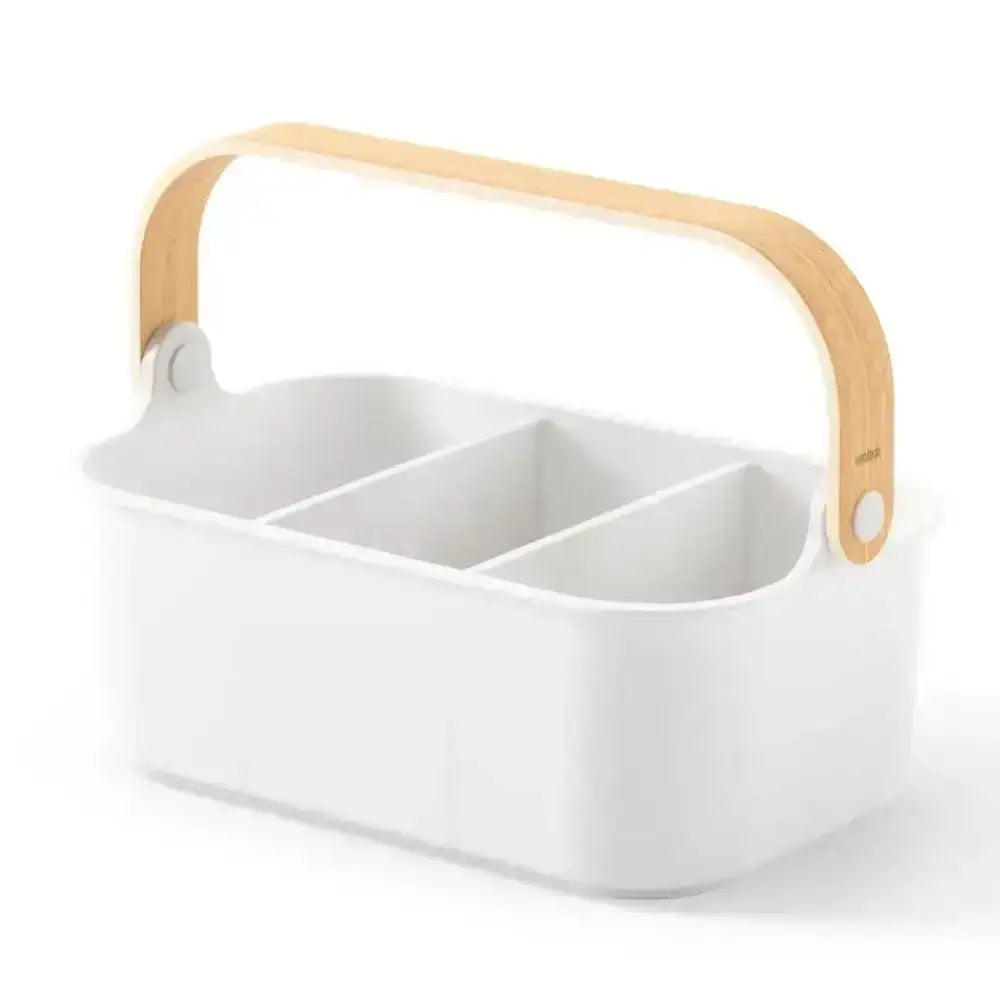 White caddy with wooden handle on a white background