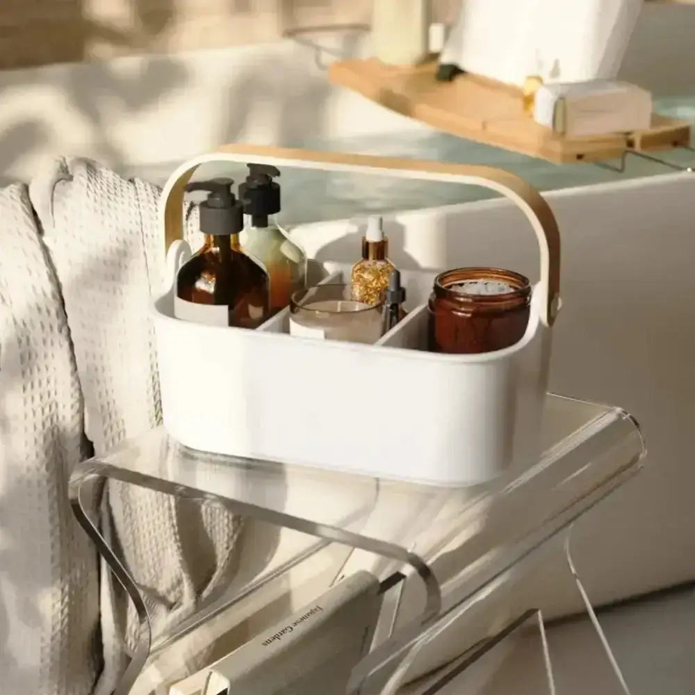 White caddy with bath products on a bathtub
