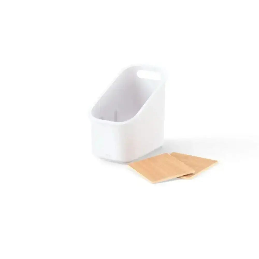 White plastic container with a wooden lid on a white background