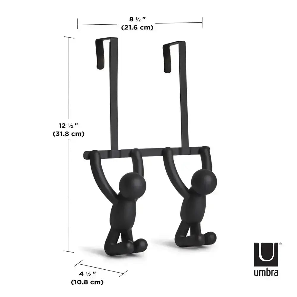 Black wall hook with two figures hanging from it, showing dimensions and Umbra logo.