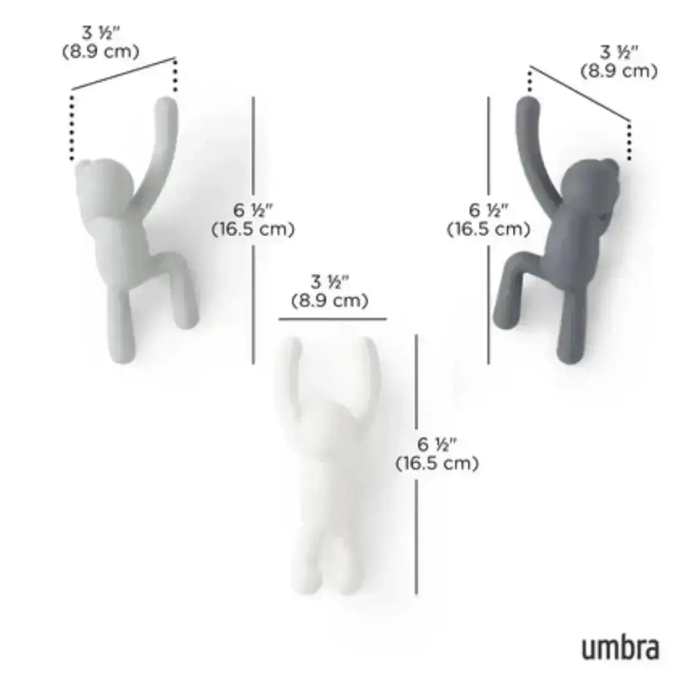 Gray and white wall hooks with dimensions and 'umbra' branding on a white background