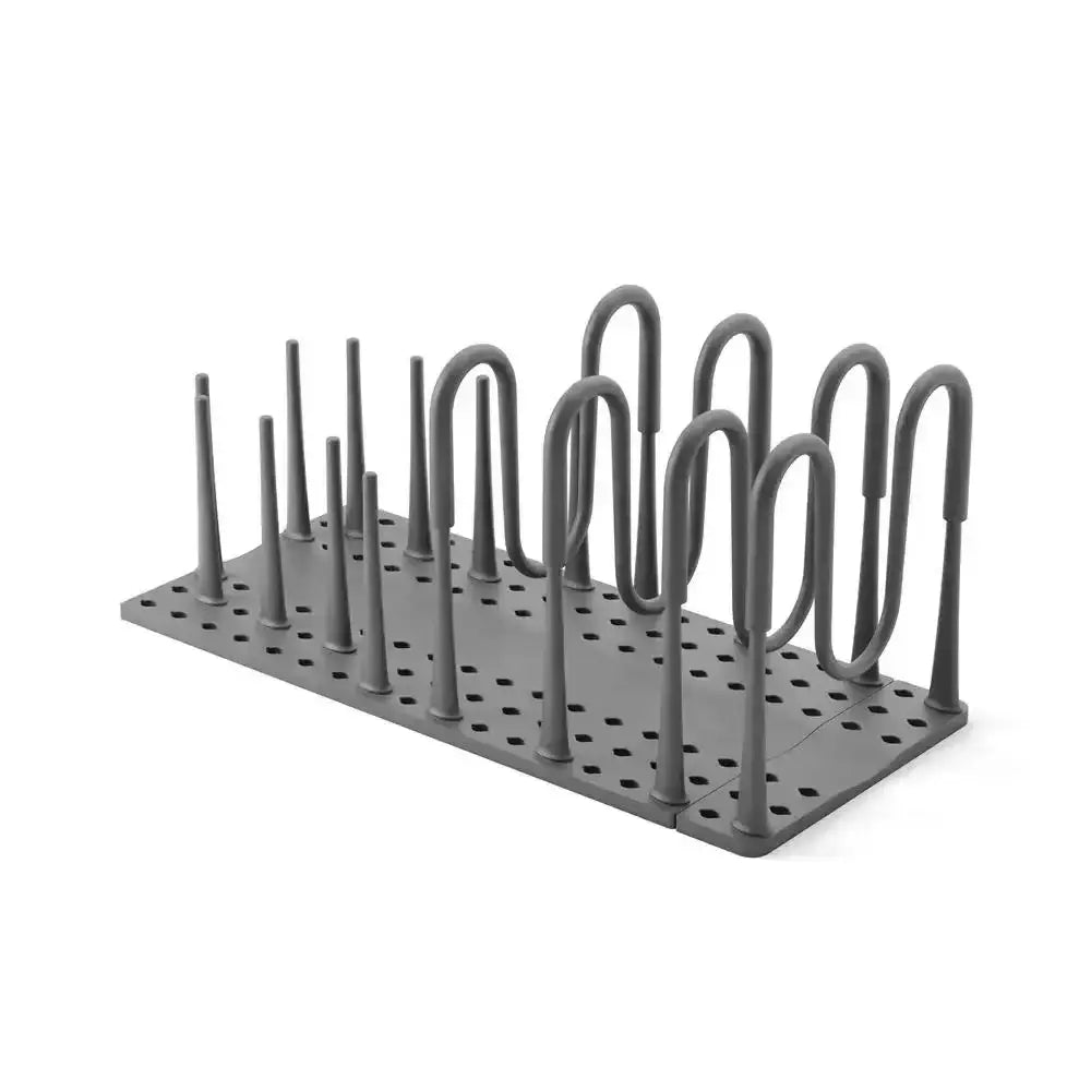Gray metal dish rack with hooks on a white background