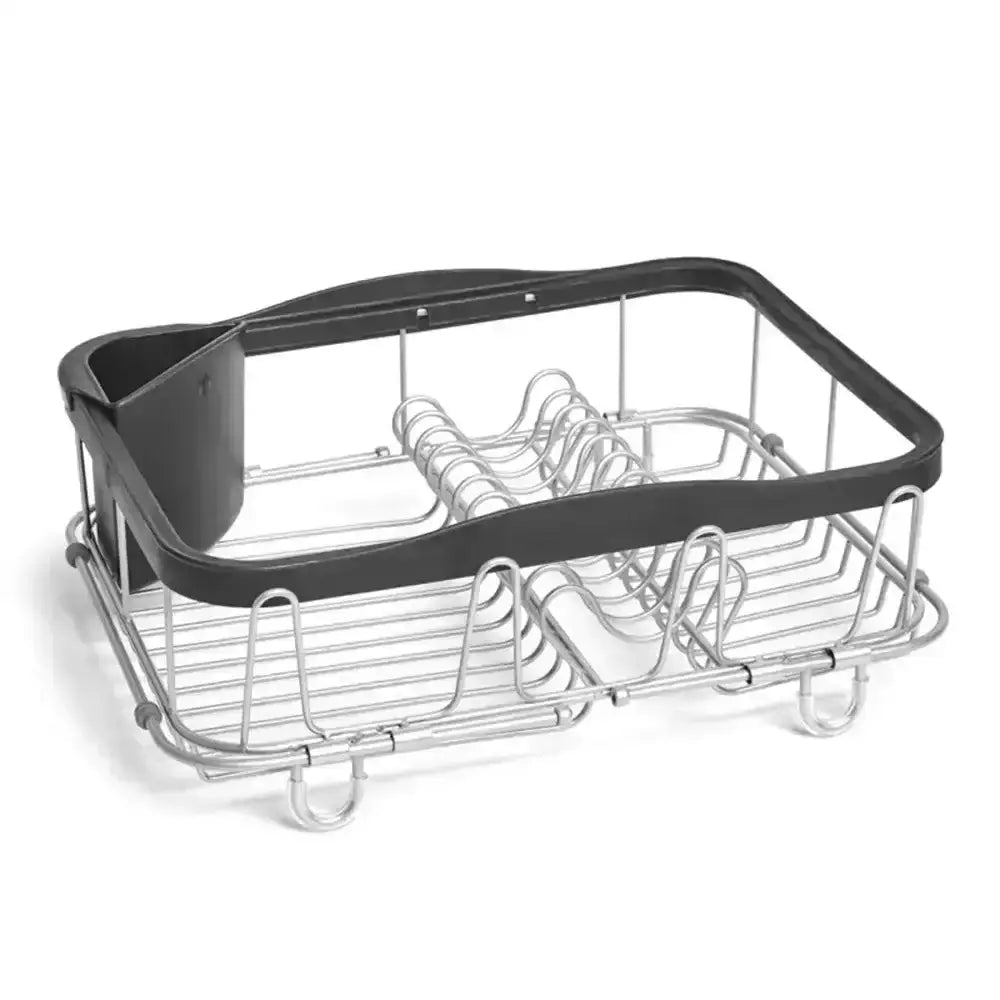 Silver dish rack with black handle on a white background