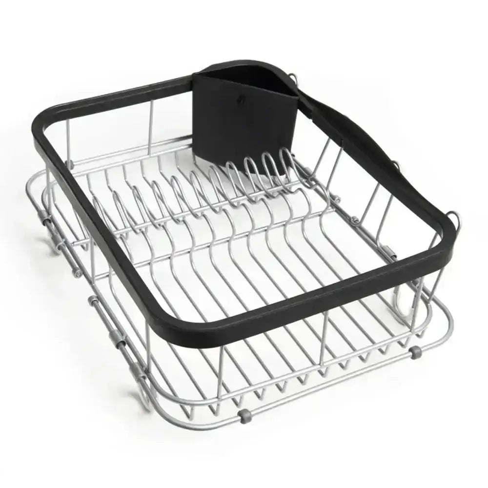 Metal dish rack with black handle on a white background