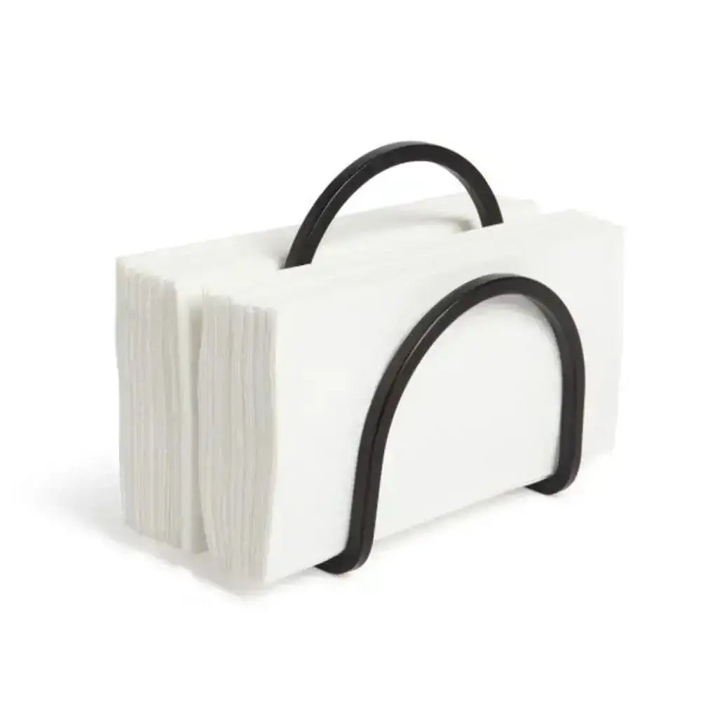 White napkin holder with black metal handle on a white background