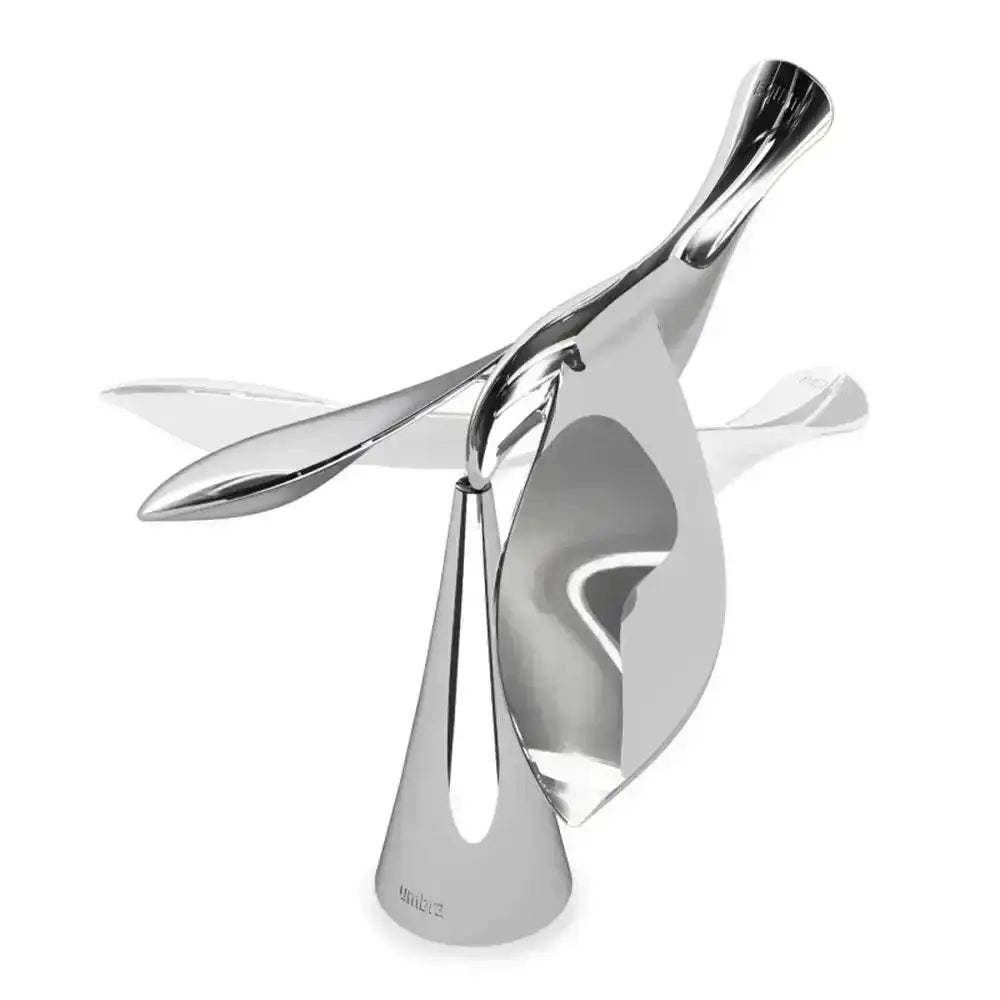 Silver abstract sculpture on a white background