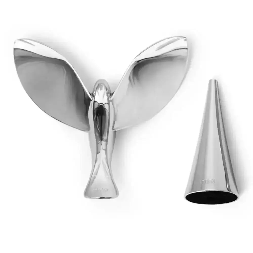 Chrome propeller and cone-shaped object on a white background