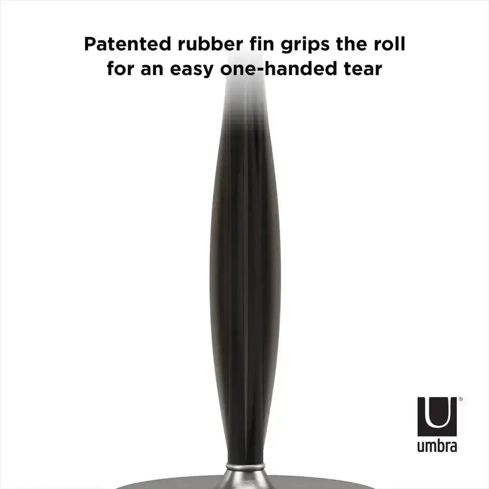 Umbra paper towel holder with black rubber fin on a white background